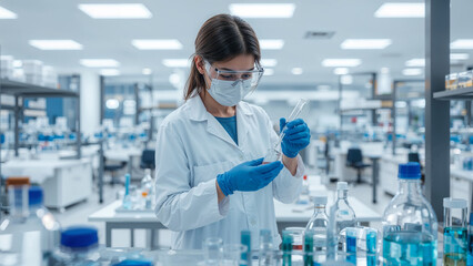 Biochemical Lab Technician Analyzing Samples, Scientist Working in Modern Laboratory Background