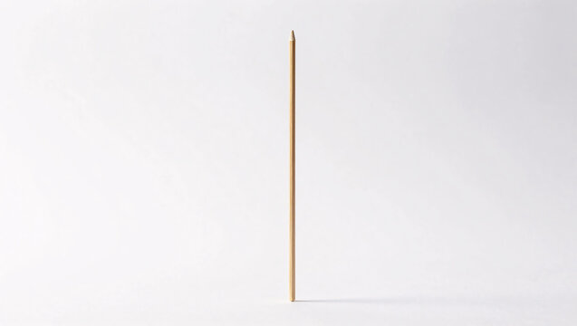 A slender wooden skewer stands vertically isolated against a clean white background, highlighting its smooth bamboo texture and sharp, pointed tip.