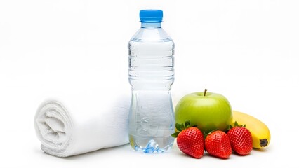 Healthy hydration and nutrition essentials, featuring a bottle of water, a fresh apple, strawberries, and banana with rolled up towel