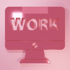 Pink Computer monitor with text work icon isolated on pink background. Minimalism concept. 3D render illustration