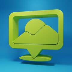 Green Map pin icon isolated on blue background. Navigation, pointer, location, map, gps, direction, place concept. Minimalism concept. 3D render illustration