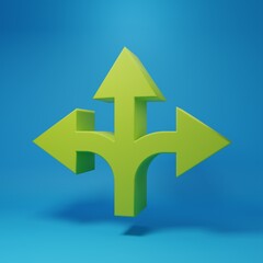 Green Road traffic sign. Signpost icon isolated on blue background. Pointer symbol. Isolated street information sign. Direction sign. Minimalism concept. 3D render illustration