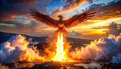 Eagle Soaring Above Volcanic Eruption at Sunset.