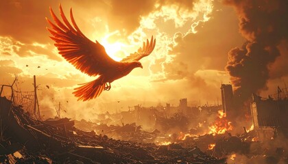 Eagle Soaring Over City in Flames.
