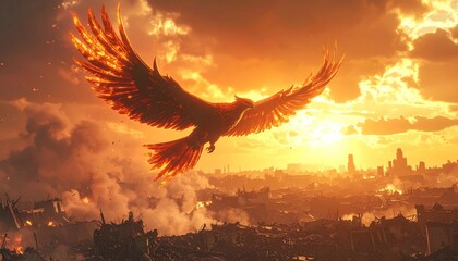 Eagle Soaring Over Cityscape at Sunset.