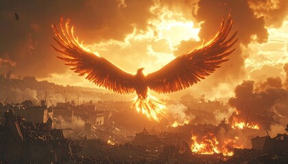 Eagle Soaring Over City Inferno at Sunset.