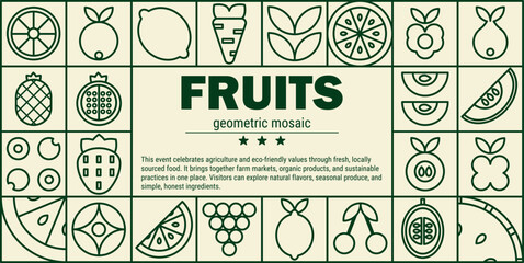 Lemon raspberry mosaic with abstract geometric lines apple carrot for farm fruit banner.