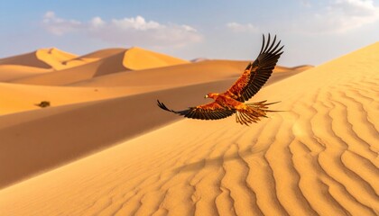 Eagle Soaring Over Desert Sand Dunes Landscape.