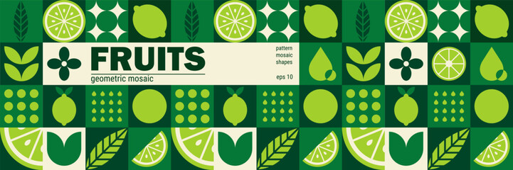 Abstract fruit mosaic with geometric lemon and lime leaves on organic background. © Alyona_Uvarova