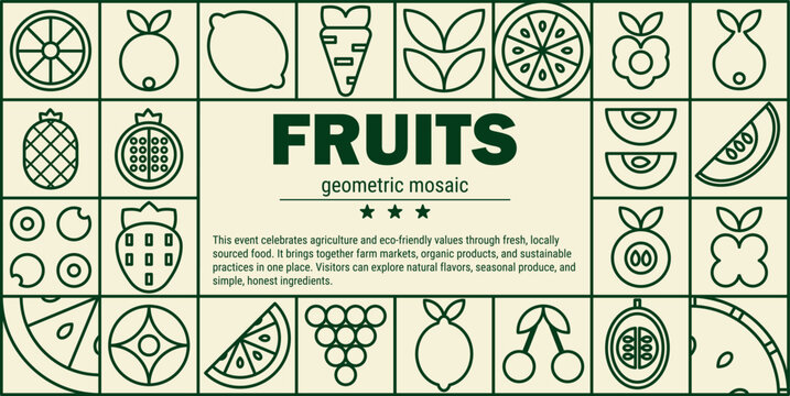 Lemon raspberry mosaic with abstract geometric lines apple carrot for farm fruit banner.