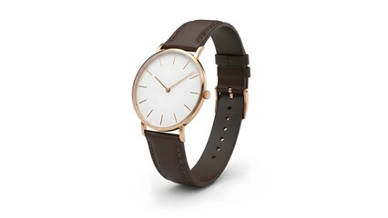 A sleek and elegant wristwatch featuring a minimalist design. The watch has a light-colored face with simple hour markers and hands, paired with a brown leather strap