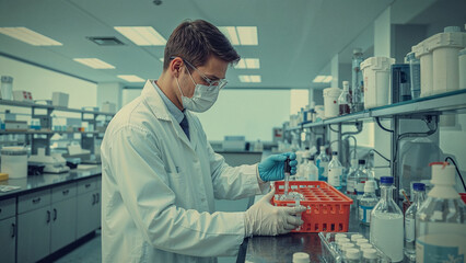 Biochemical Lab Technician Analyzing Samples, Scientist Working in Modern Laboratory Background