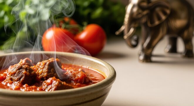 Rich Steaming Ivorian Sauce de Tomate Beef Stew in Bowl with Bronze Elephant and Right Negative Space
