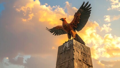 Eagle Statue on Stone Pillar at Sunset.