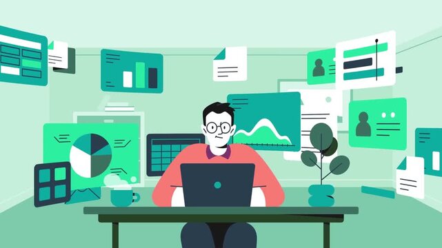 Cyber security analyst monitoring multiple screens, data protection and hacking prevention concept, 2D animation