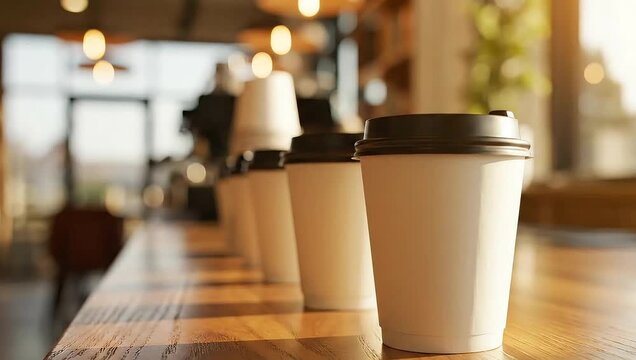 A row of white disposable coffee cups with black lids on a wooden table in a bright and modern cafe in the morning