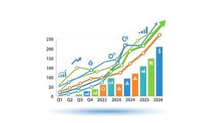A graph shows growth, with vibrant lines and ascending bars symbolizing progress. It represents business trends and the upward direction of finances.