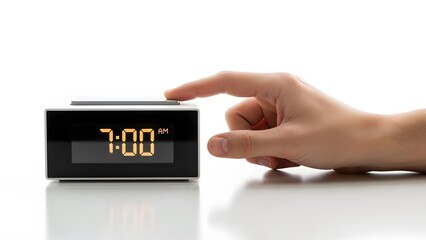 A hand reaching to a digital clock