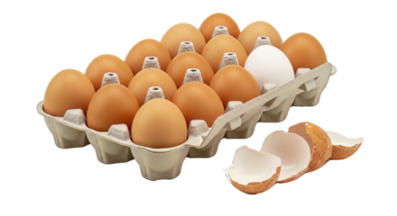 Carton containing fifteen brown chicken eggs with one white egg standing out prominently beside several broken shell pieces illustrating freshness and organic food concepts.