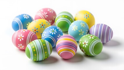 Colorful decorated Easter eggs arranged in a festive scene. Each egg boasts a unique design and vibrant hues, adding to the holiday spirit