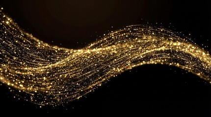 Abstract Golden Glittering Particle Wave on Black Background