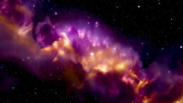 Vast Purple and Gold Nebula Spreading Through Deep Space With Glowing Gas Clouds, Stellar Light, and Luminous Cosmic Depth