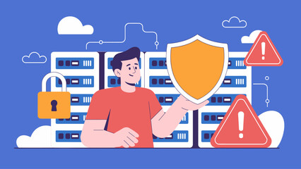 man with a shield protecting servers from threats vector illustration