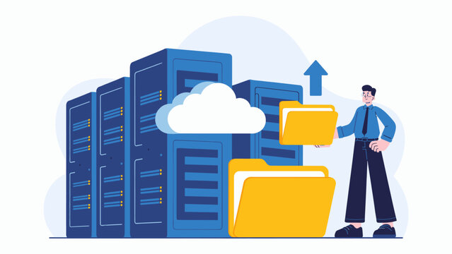 it specialist uploading folders to a cloud server, vector illustration