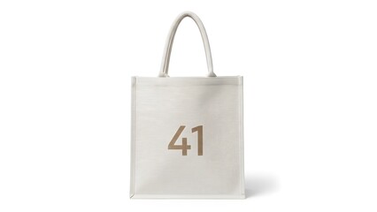 A beige tote bag with the number 41 printed in the center, and a loop handle for carrying. This image would be perfect for showing your merchandise, shopping