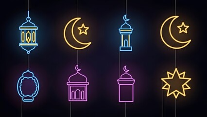 A set of glowing neon icons for Ramadan and Eid celebrations, featuring lanterns, crescent moons, stars, and mosque minarets in vibrant blue, gold, and purple colors on a dark background.