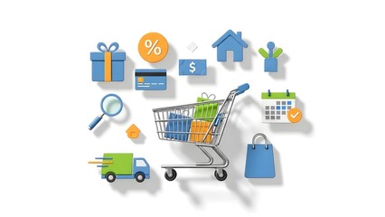 Shopping cart filled with online shopping icons, including presents, money, credit card, calendar and other icons