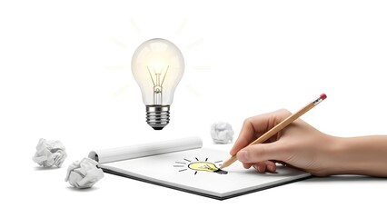 A person sketching a lightbulb idea with pencil on a drawing pad, with paper balls, showing innovation and creativity
