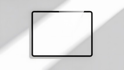 A modern tablet device with a blank screen, positioned against a backdrop with a natural shadow. The tablet features a sleek, minimalist design