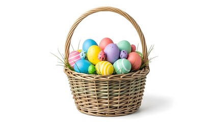 An Easter basket filled with colorful decorated eggs. The woven basket holds a variety of eggs