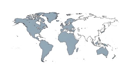 A world map, with a simple design showcasing different continents and countries. The continents are colored with grey shades, emphasizing the earth's various landmasses and geographic features