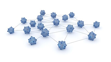 A network of interconnected blue spheres, with each sphere linked by lines, forming a complex web. It represents the concept of global connection and information sharing.
