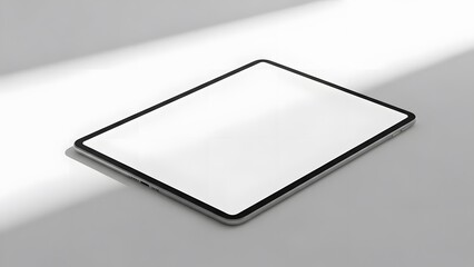 A modern tablet with a blank screen sitting at an angle under a light source