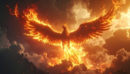 Fiery Phoenix Rising from Flames.