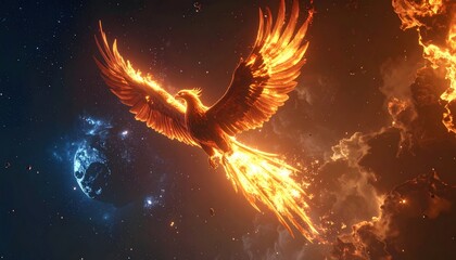 Fiery Phoenix Rising from Flames.