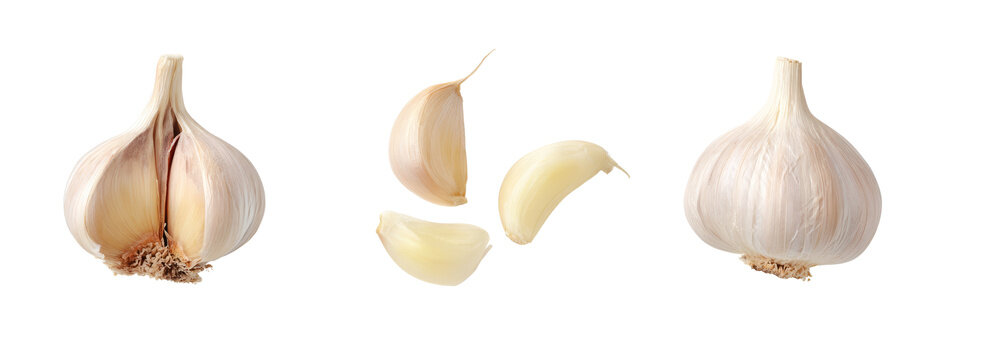 Garlic cloves preparation kitchen food photography culinary top view transparent background