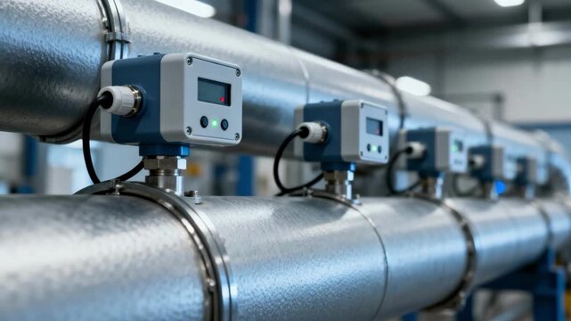 Medium shot showing the integration of smart sensors on a pipeline for continuous monitoring of operational parameters like pressure and flow