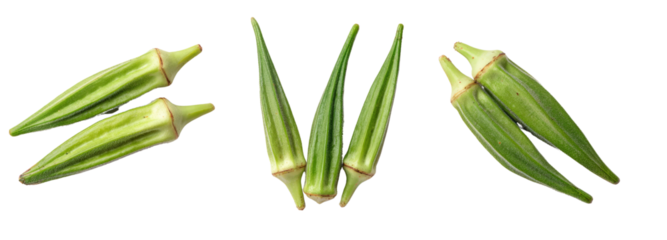 Fresh okra harvest kitchen counter food photography transparent background natural light