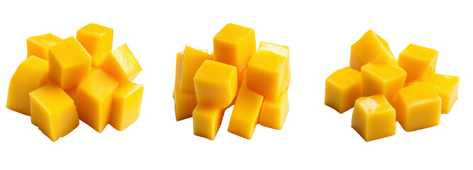 Diced mango cubes on transparent background fresh fruit display studio shot bright colors