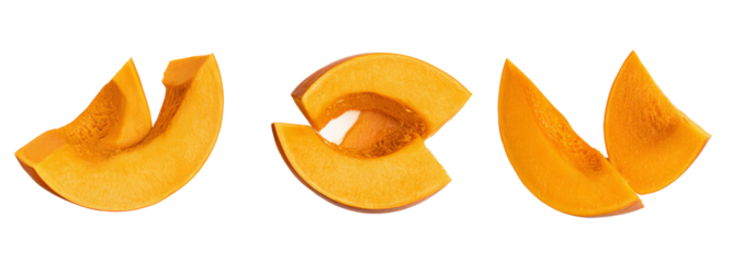 Freshly cut pumpkin slices on transparent background culinary delight studio photography