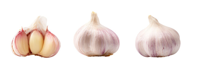 Fresh garlic bulbs display kitchen food photography close-up transparent background