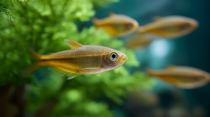 Fototapeta premium A school of golden fish swims gracefully amidst lush green aquatic plants in a clear aquarium
