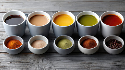 Coffee milk coffee turmeric latte matcha latte espresso spice powder coffee bean wood table vibrant color