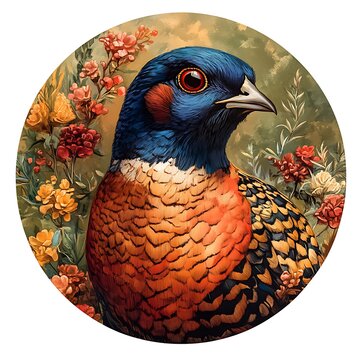 Male Pheasant Head Amidst a Floral photo Background in a Circle bird ring-necked