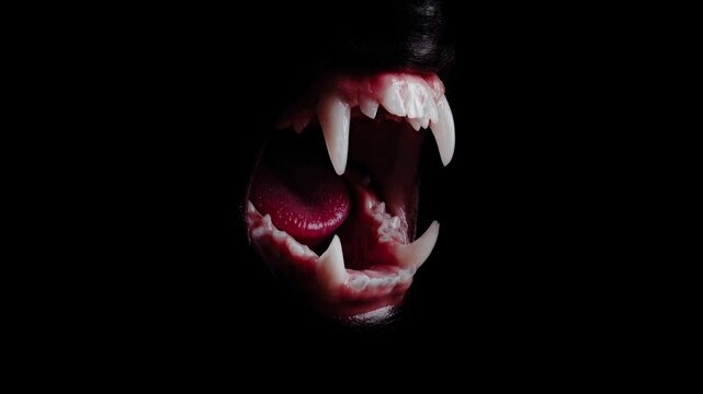 Aggressive animal mouth with sharp fangs and tongue emerging from darkness conveying danger fear threat and primal wild predator instinct