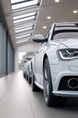 Modern car dealership interior with white sedan, large windows, natural light, and multiple vehicles in clean, bright showroom